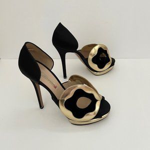 Nickolas Kirkwood   Black Satin Gold Leather Pumps 39